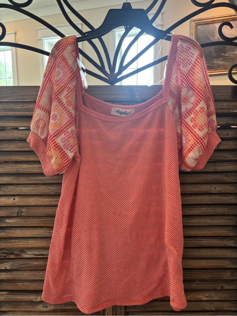 Haptics Coral Puff-Sleeve Blouse with Patterned Sleeves